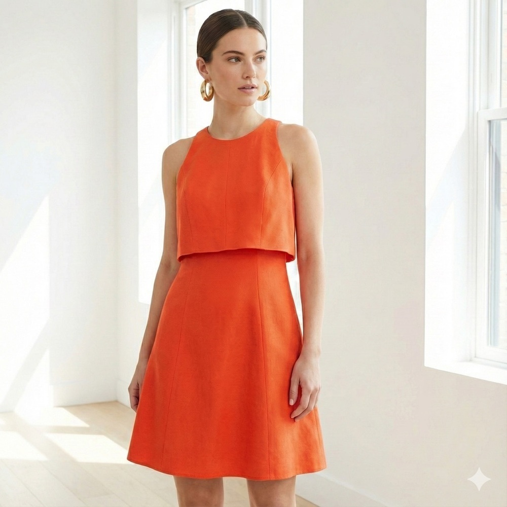 Karen Millen orange layered fit-and-flare sleeveless dress - size 2 (XS)